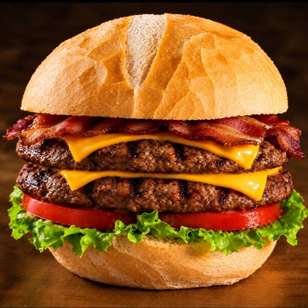 hamburguer de carne Angus de 160 g, pão crocante, alface americana, tomate, molho de maionese do chef e queijo cheddar.