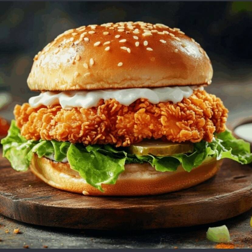 Burger 90g de frango crocante, coberto de catupiry com salada de alface e picles, Harmonizada com maionese temperada no pão clássico selado. Acompanha pote extra de maionese temperada.