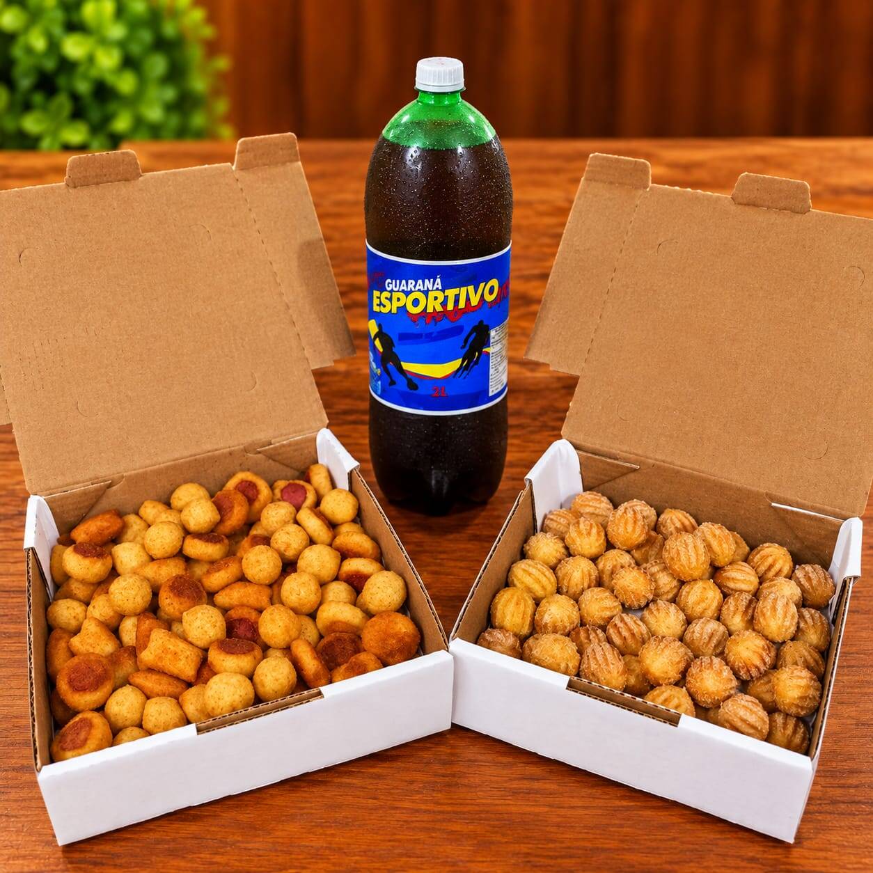 100 salgados saborosos e um massa de batata incrivelmente crocante que derrete na boca. Acompanha ainda, 50 churros sequinhos, e um Quarana espostivo 2Lt