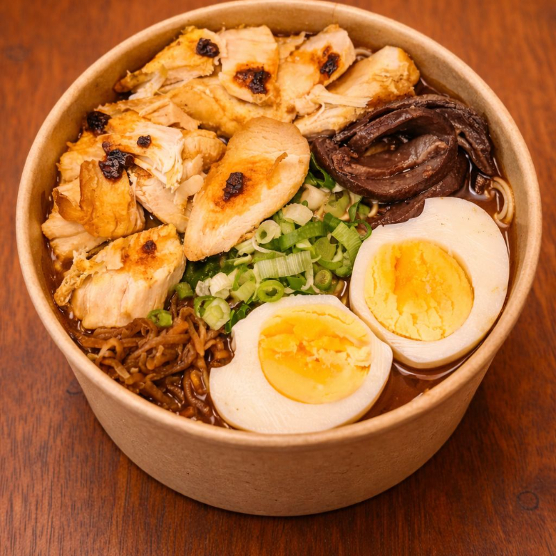 Caldo aromático de camarão, servido com ovo, frango, shitake, cenoura no óleo de gergelim e cebolinha