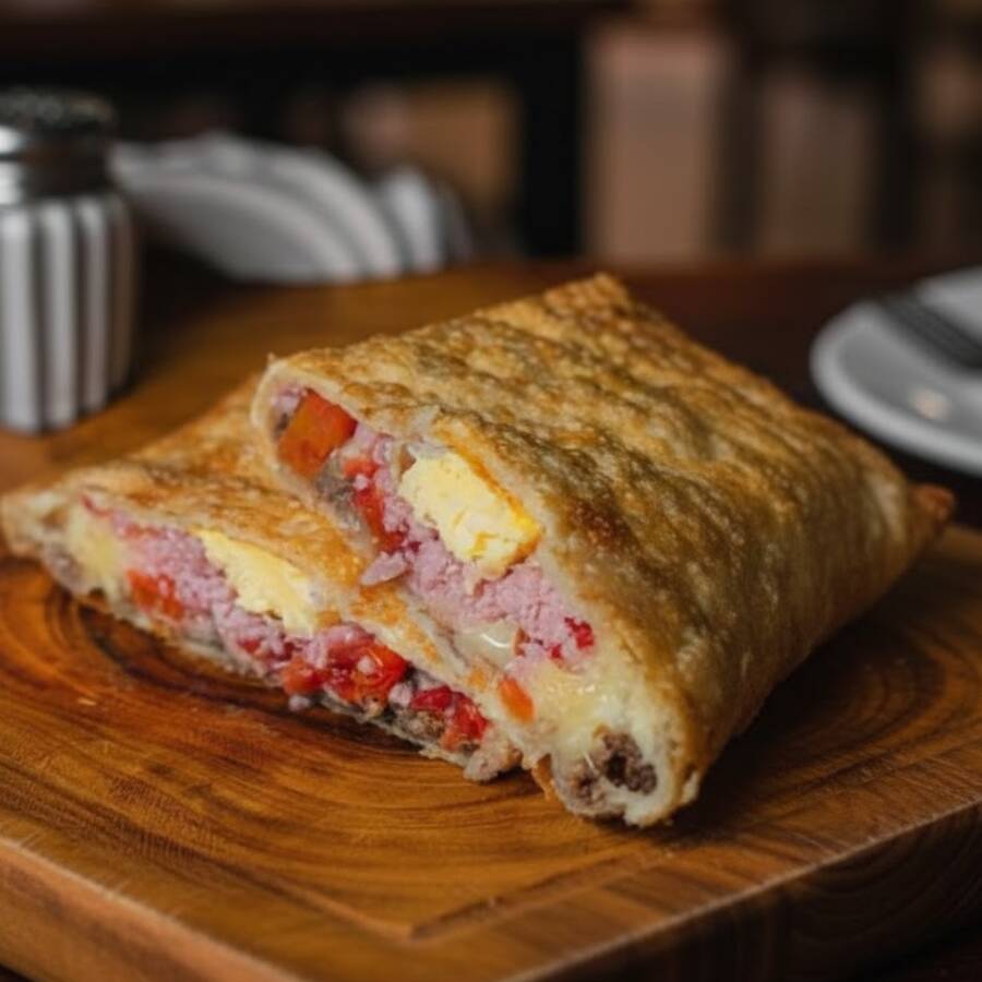 Frango Desfiado, mussarela, presunto, ovo, tomate, azeitona, em nossa massa crocante no tamanho de 25x10 centimetros