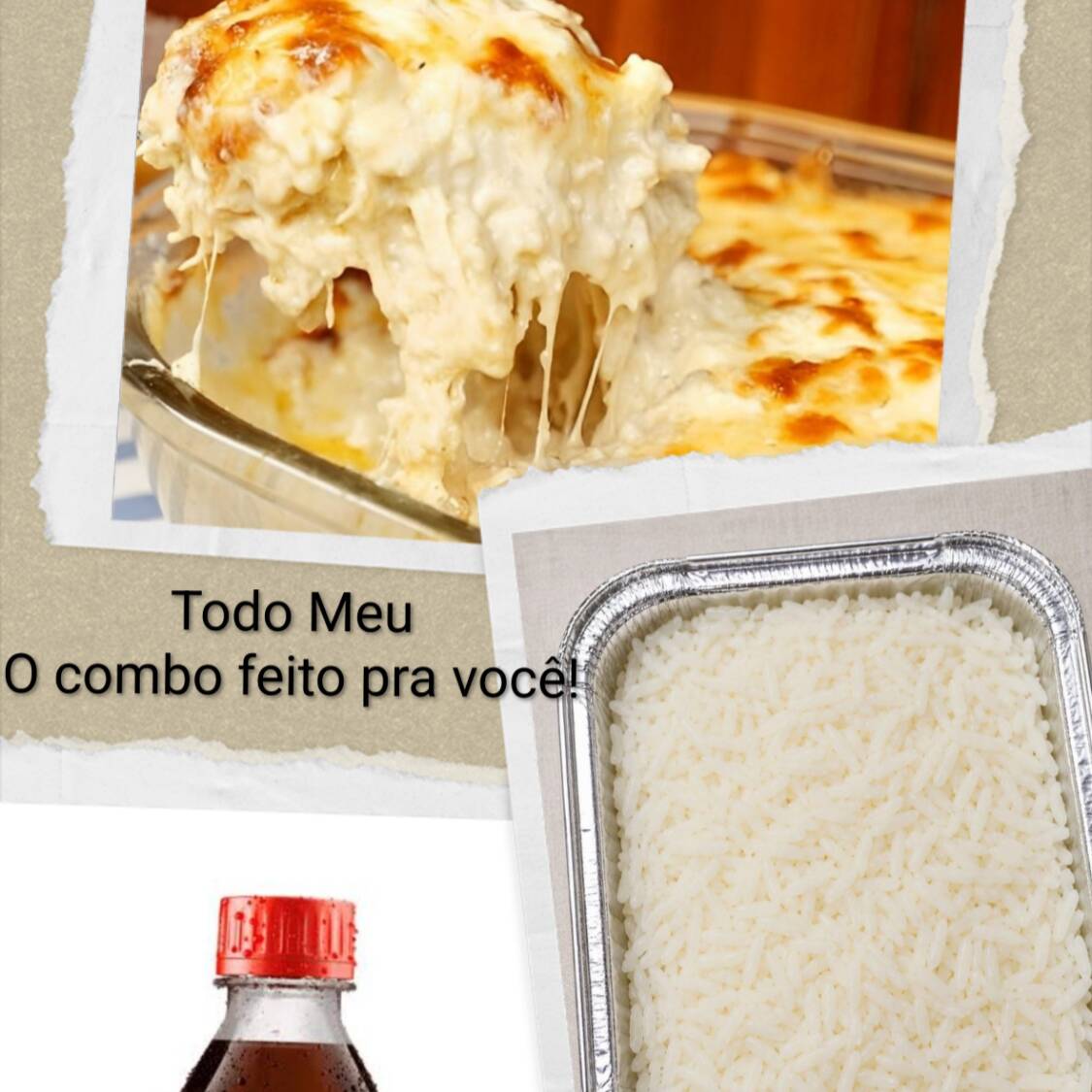 Uma lasanha (frango ou bolonhesa)500gr de arroz 1 Refrigerante 200ml(coca ou antártica)
Deixar anotado na descrição a lasanha da sua preferência e se precisar de talheres 🙌 😊