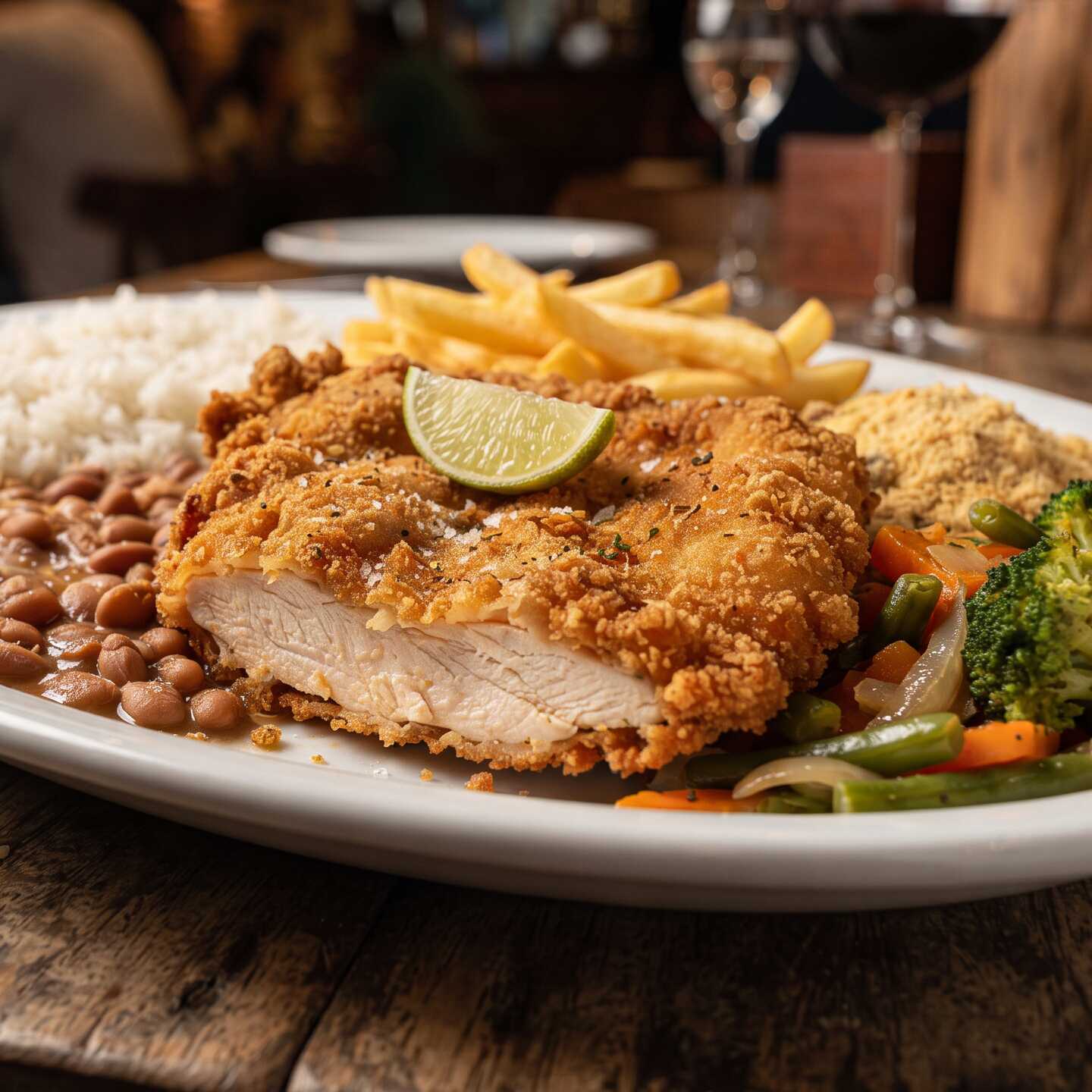 Filé de frango empanado, crocante por fora e suculento por dentro, acompanhado por um arroz soltinho (aprox. 200 g), feijão caseiro fresquinho (aprox. 100 g), farofa temperada crocante especial da casa e batatas fritas douradas (aprox. 50 g).