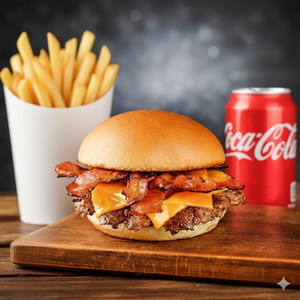 Pão Brioche, 1 carne smash 100g, fatia de queijo Cheddar Polenghi, Bacon em cubos Molho Fire + batata + refri