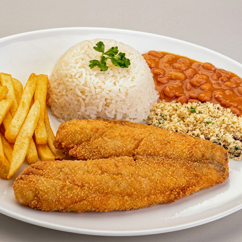 Arroz, feijão tropeiro ou de caldo, mandioca e vinagrete