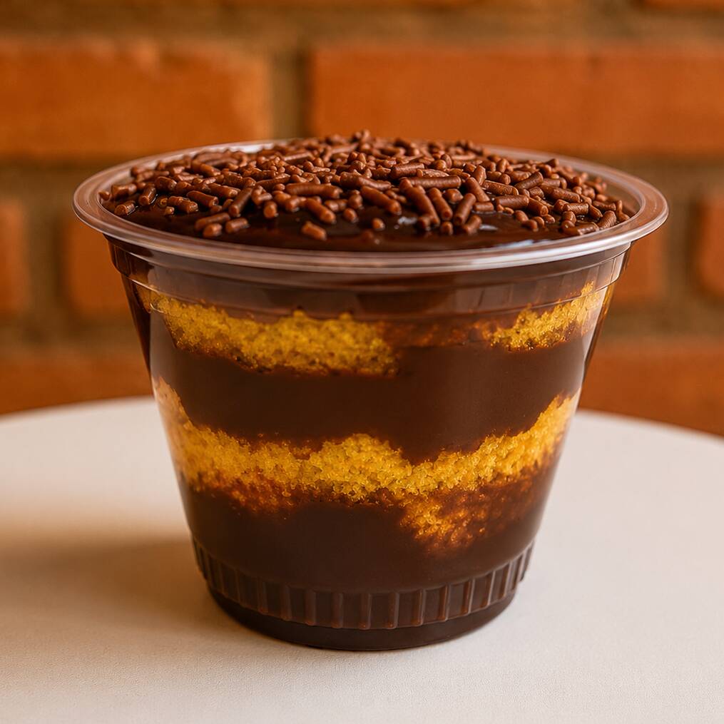 Massa de cenoura, creme de chocolate, finalizado com granulado. Enviado no copo de 200 ml.