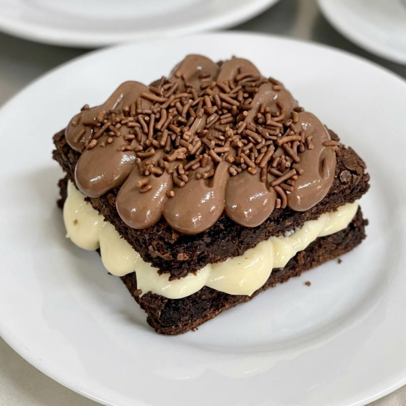 Base de brigadeiro branco, com uma fatia generosa de brownie com cobertura de brigadeiro preto e granulado *Foto ilustrativa*