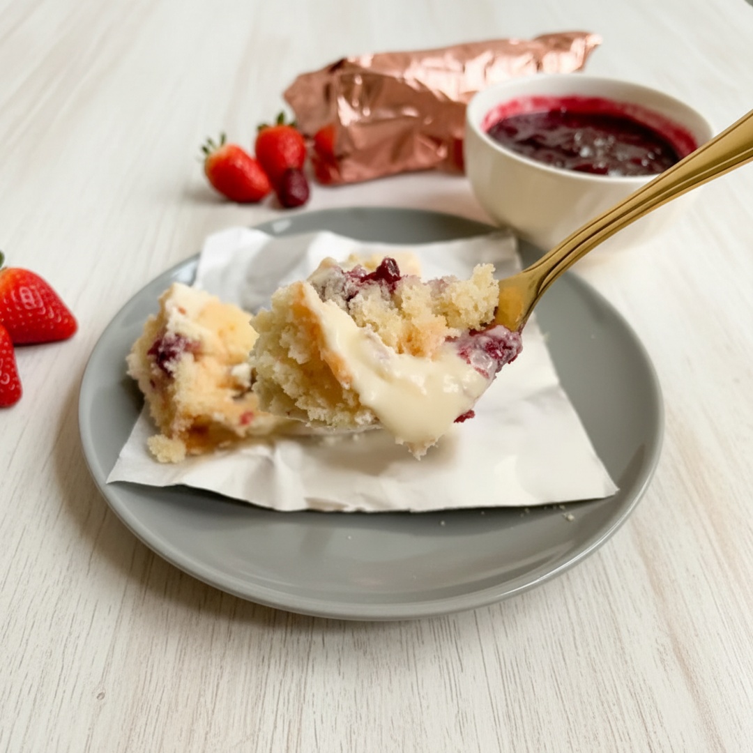 Bolo massa branca com ninho cremoso e geleia de frutas vermelhas. Aprox 150g