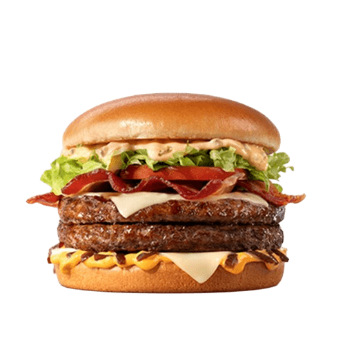 Dois hambúrgueres de carne 100% bovina, méquinese, a exclusiva maionese especial com sabor de carne defumada, alface e tomate, fatias de bacon, queijo processado sabor emental, molho especial e cebola ao molho shoyu, tudo isso no pão tipo brioche trazendo uma explosão de sabores pros seus dias de glória!