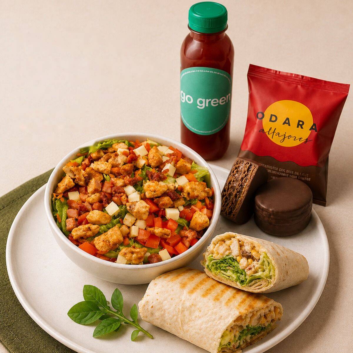 Seu almoço completo e equilibrado: escolha entre Wrap ou Salada + Chá refrescante + mini Alfajor Odara.