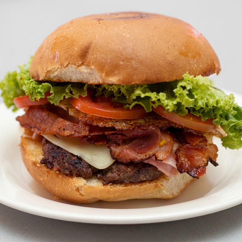 Foto meramente ilustrativa. Pão, carne, queijo, ovo, calabresa, bacon, molhos.