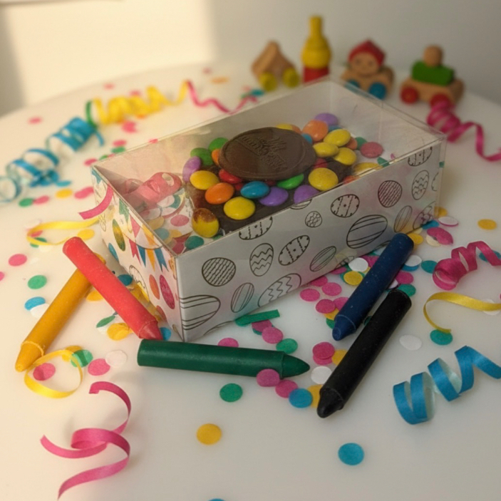 Ovo de chocolate cremoso 50% Cacau, embalagem decorada e acompanha 5 lápis para colorir.