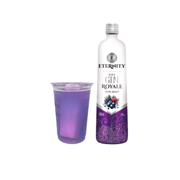 Dose de gin Eternity Sabor Royale, uma Garrafinha de 200ml com Gin, Energético Baly em uma Garrafinha de 300ml e 1 Gelo de Coco
