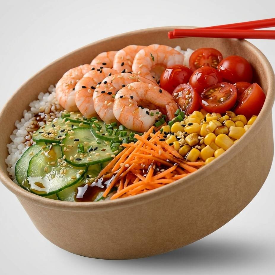 Arroz japonês com camarões cozidos, milho, sunomono (pepino japonês agridoce), tomate cereja, couve crispy, alho poró crispy, cenoura ralada, gergelim, cream cheese com cebolinha, finalizado com shoyu e teriyaki