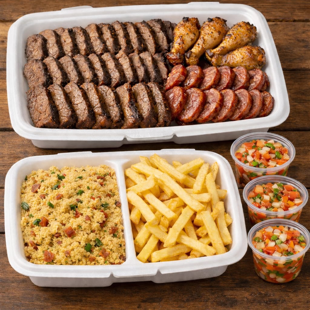 carne de alcatra fatiada, coxinha da asa, linguiça suína, batata frita, farofa e vinagrete