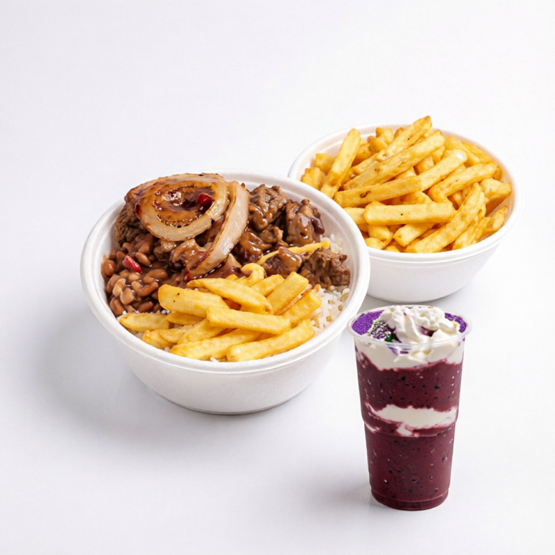 Marmita bem servida com arroz, feijão, batata frita e carne + batata extra + açaí 300ml. Combo completo com melhor custo-benefício da loja.
