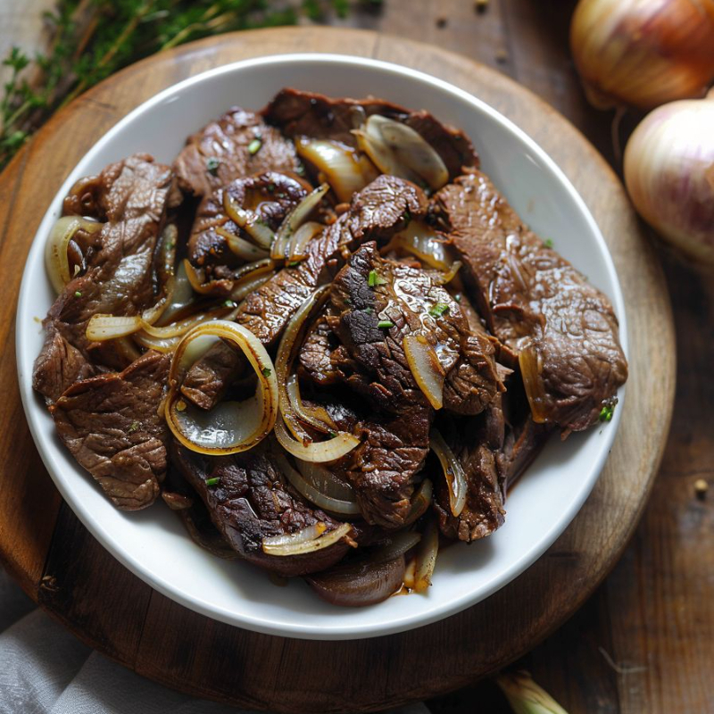 Bife acebolado no ponto certo, macio e cheio de sabor, acompanhado de arroz soltinho, feijão bem temperado e fritas crocantes — tudo separado pra curtir cada sabor! 🥩🍚🍟