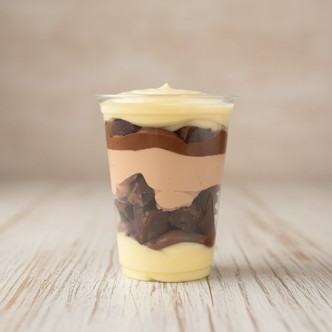 Sobremesa deliciosa montada no copo, composta de camadas brigadeiro cremoso Ninho, Creme de Avelã°, brigadeiro de chocolate ao leite com lasquinhas de brownie e mousse de chocolate para finalizar