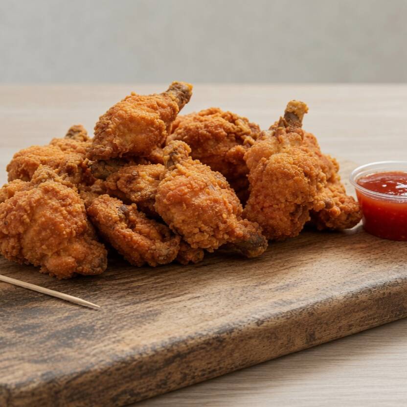 1kg de frango a passarinho crocante e temperado, servido com vinagrete fresco e limão. Ideal para grupos.