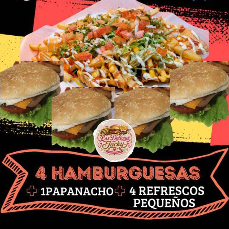 4 hamburguesas + 1 Papanachos + 4 Refrescos