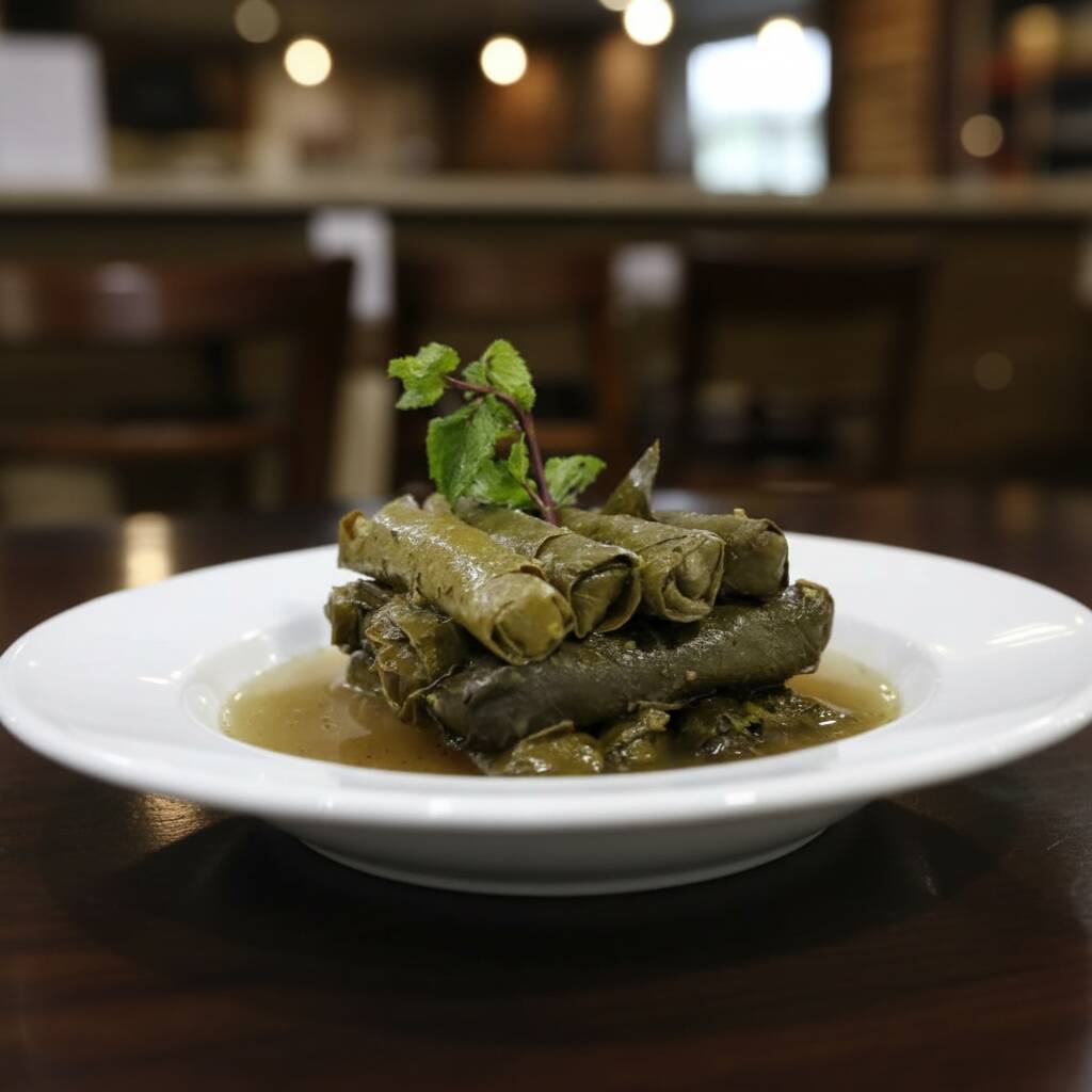 Folha de uva recheada com carne moída, arroz e tempero árabe