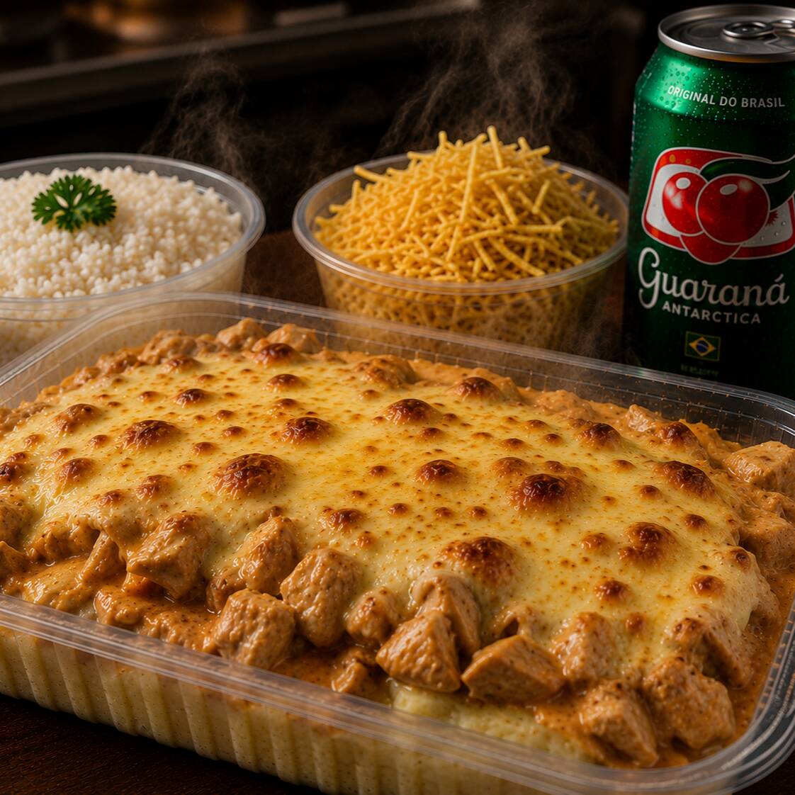 🥘 Prato Strogonoff Grill
250g de strogonoff de frango preparado com pedaços suculentos de frango e finalizado com uma generosa camada de queijo derretido. Acompanha 250g de arroz branco caseiro, porção de batata palha crocante e 1 refrigerante lata (269 ml). Uma refeição completa, cremosa, quentinha e preparada na hora para matar sua fome! 🤤🔥