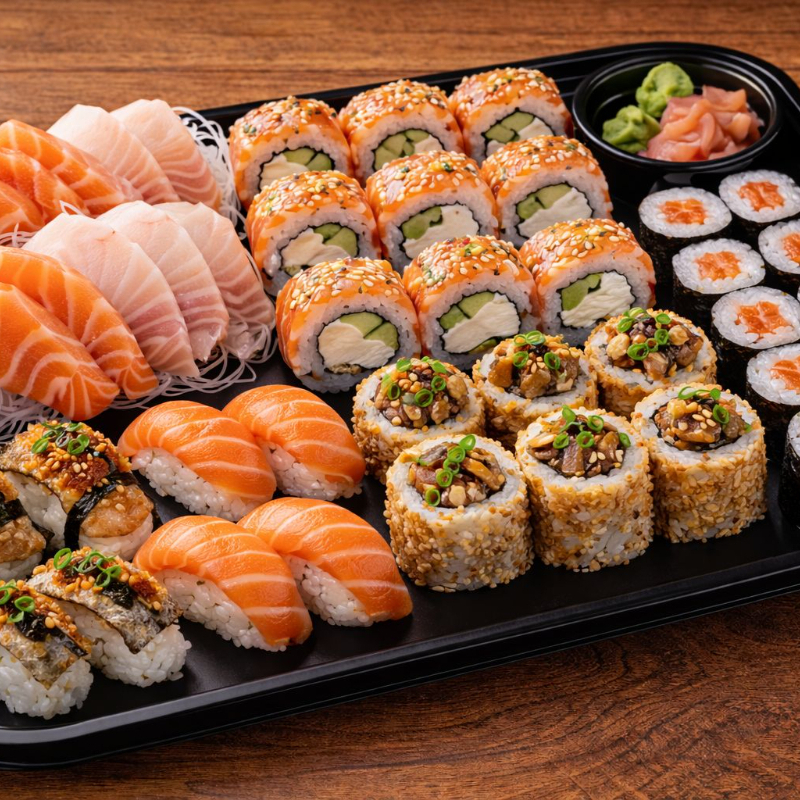 5 Sashimi de salmão, 5 Sashimi de tilápia, 2 Niguiri de tilápia, 2 Niguiri de salmão, 2 Niguiri Skin, 10 Uramaki Skin, 10 Uramaki Filadélfia.