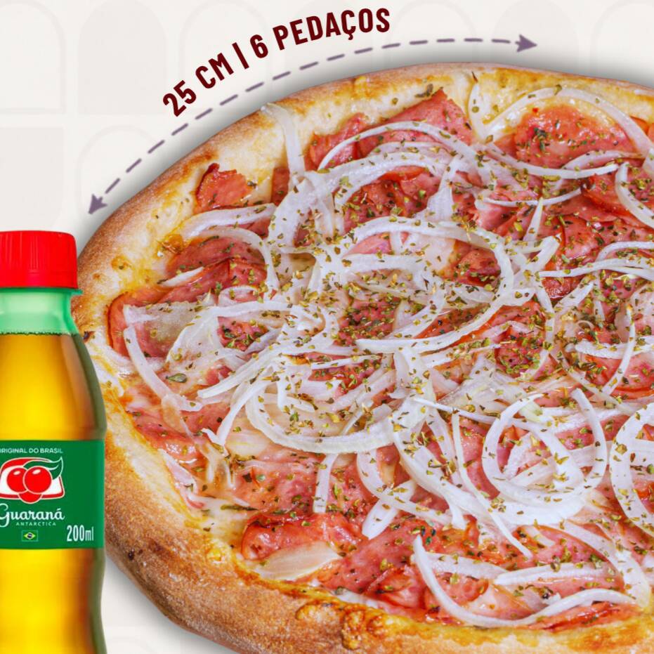 Pizza pequena (25cm, 6 fatias) acompanhada de refrigerante à sua escolha. Aproveite!