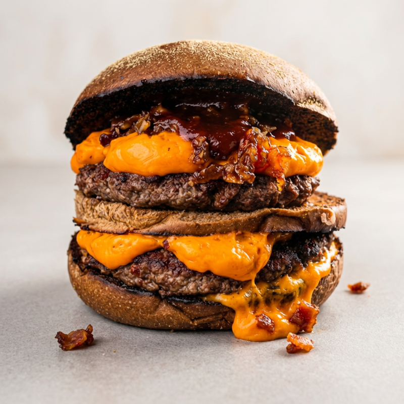 Quanto Mais Cheddar, Melhor! Três fatias de pão australiano selado, dois blend 110g, o dobro de cheddar cremoso, geleia de bacon e barbecue