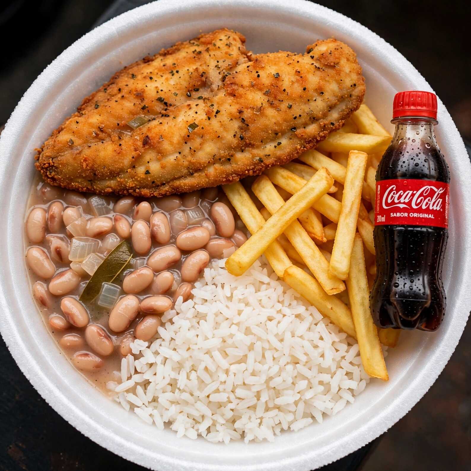 Marmita tamanho M. Composta por arroz branco soltinho, feijão fresco, filé de frango empanado, batata frita e aquela coca cola 200ml geladinha. Peso aproximado de 550g a 700g