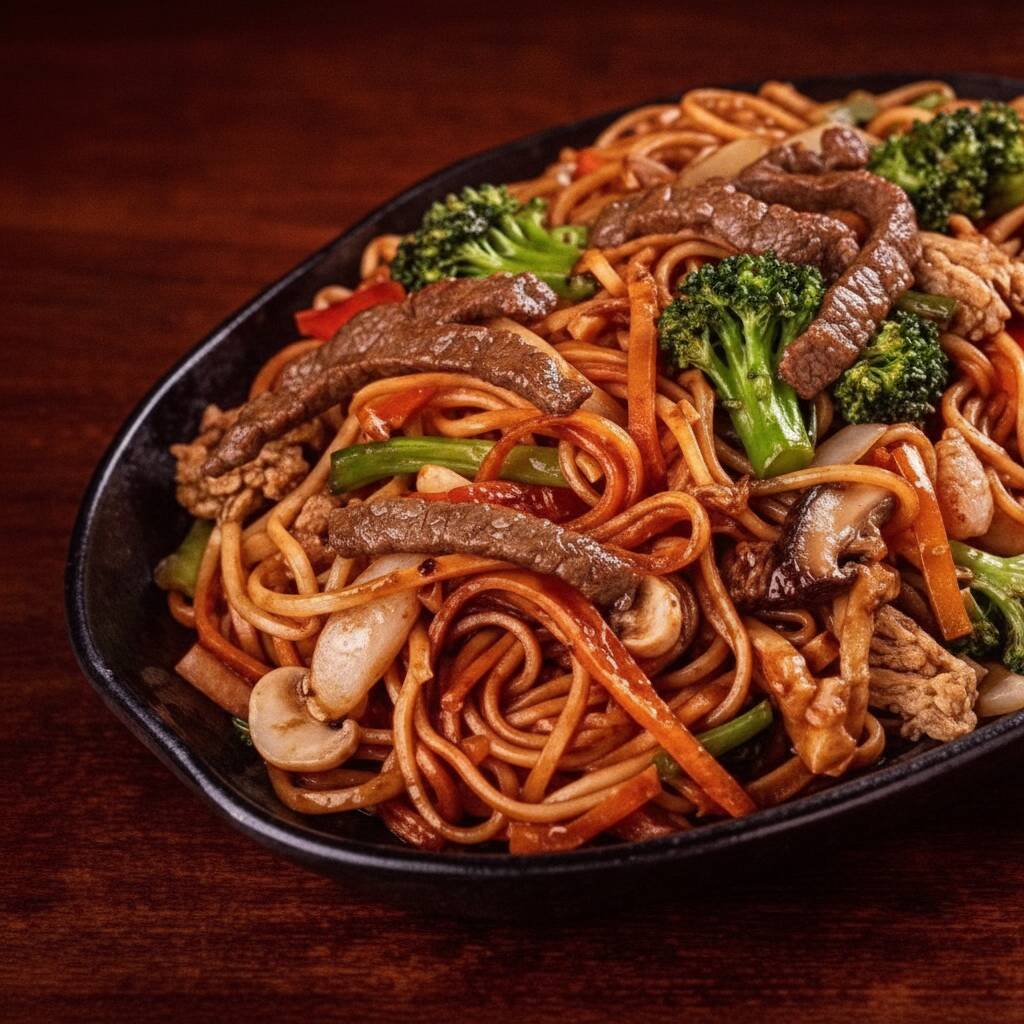 Macarrão japonês acompanhado por uma seleção de legumes frescos, tiras de carne suculentas e temperos tradicionais, proporcionando um prato saboroso e leve. A combinação ideal para quem busca um toque especial na refeição