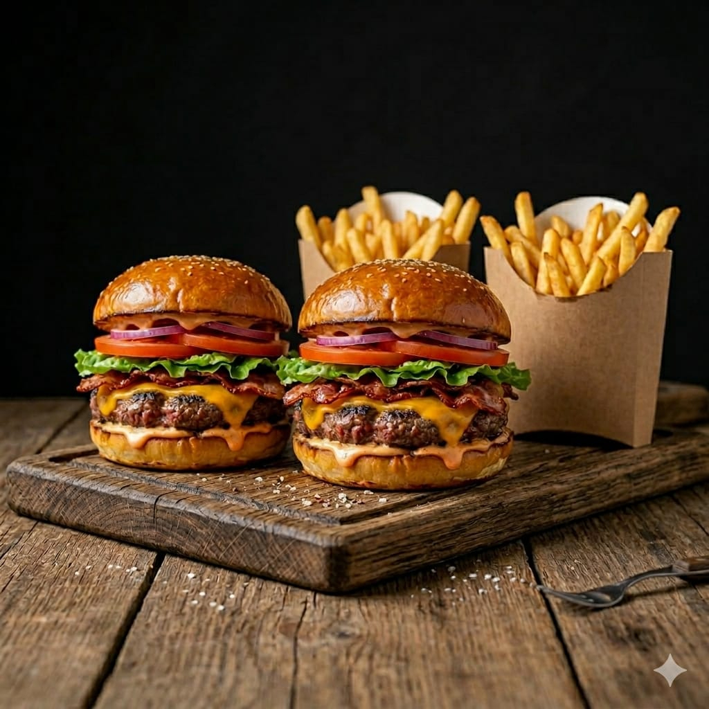 Promo 2 Hamburguesas clasicas + tocineta + papitas