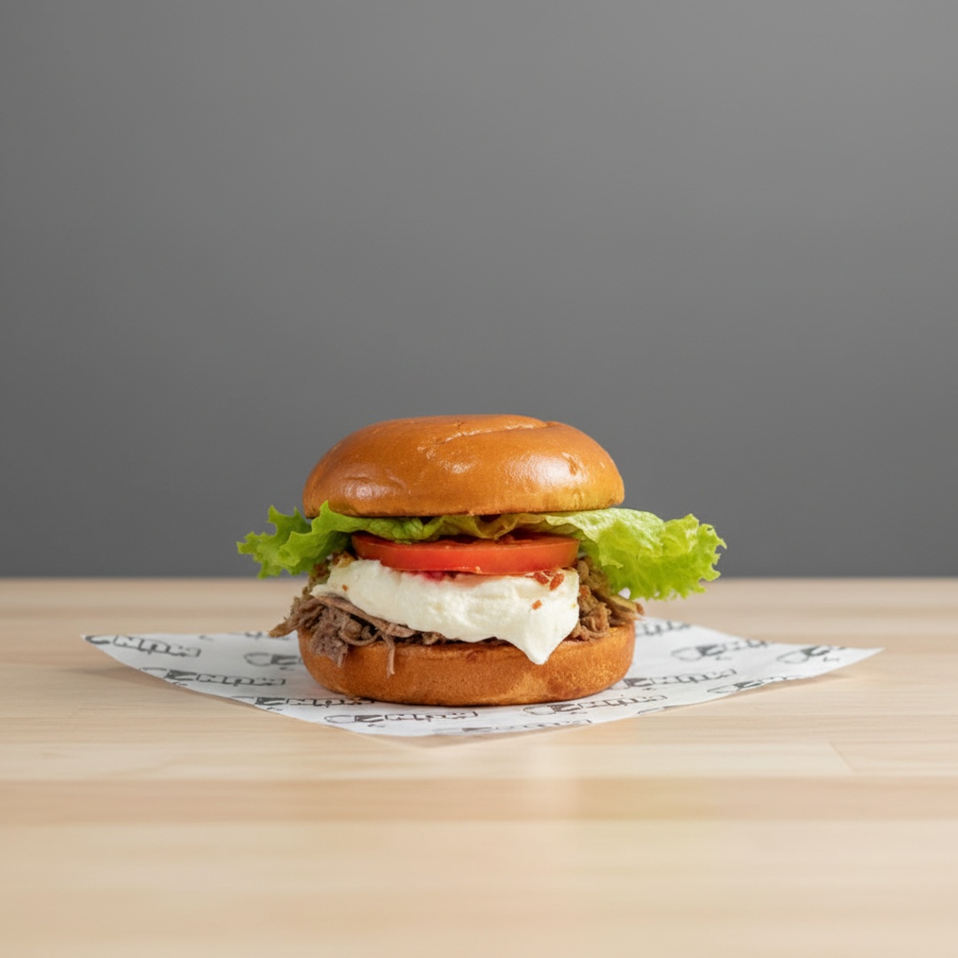 Pão de Brioche com uma deliciosa carne assada desfiada, Cream Cheese, farofa de bacon, alface e tomate