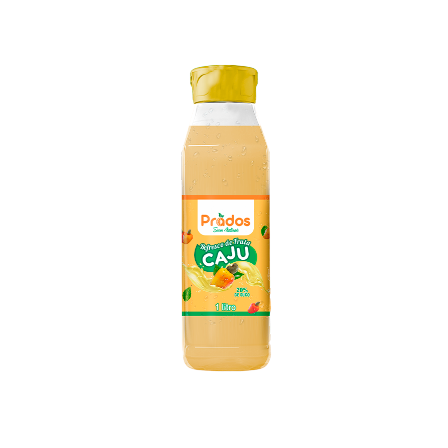 Garrafa de suco de caju de 1 Litro feito com polpa de frutas. Não fermentado. Não alcoólico. Não Contém Glúten.