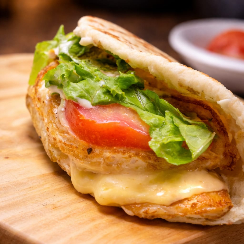 Pão sírio fresquinho recheado com frango grelhado crocante,ovo, queijo prato, cream cheese, maionese, alface, tomate e cebola roxa.