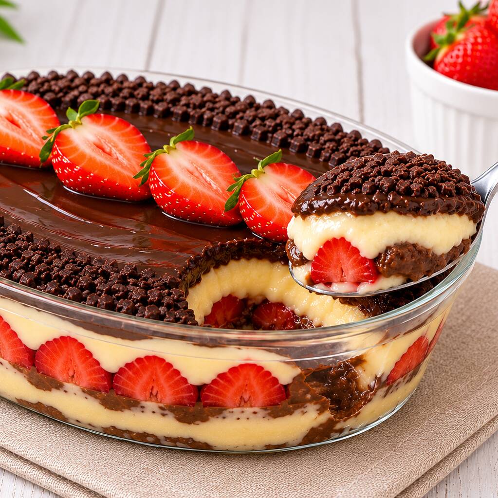 Camadas de brigadeiro de Ninho, creme de avelã, morangos frescos e finalizada com granulado gourmet de chocolate.