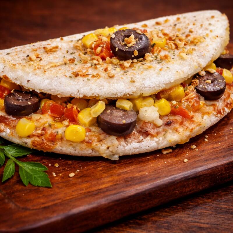 A combinação que nunca sai de moda! Feita com presunto triturado e queijo à sua escolha, acompanhada de adicionais inclusos pra deixar cada mordida ainda mais saborosa. A tapioca da foto contém adicionais extras como tomate, milho, azeitona preta e alho torrado, disponíveis no nosso cardápio na seção "Adicionais Extras" — é só escolher e montar a sua do jeitinho que quiser!