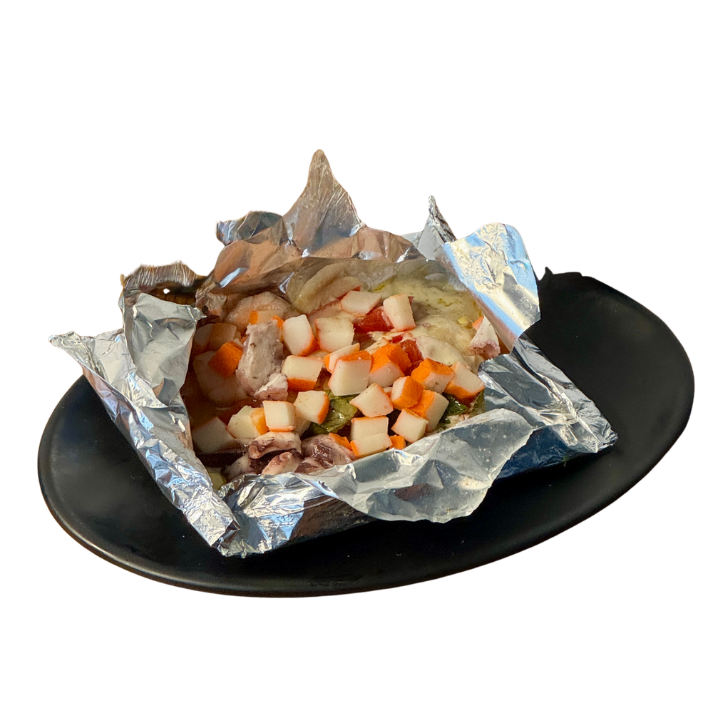 Filete empapelado relleno de Mariscos