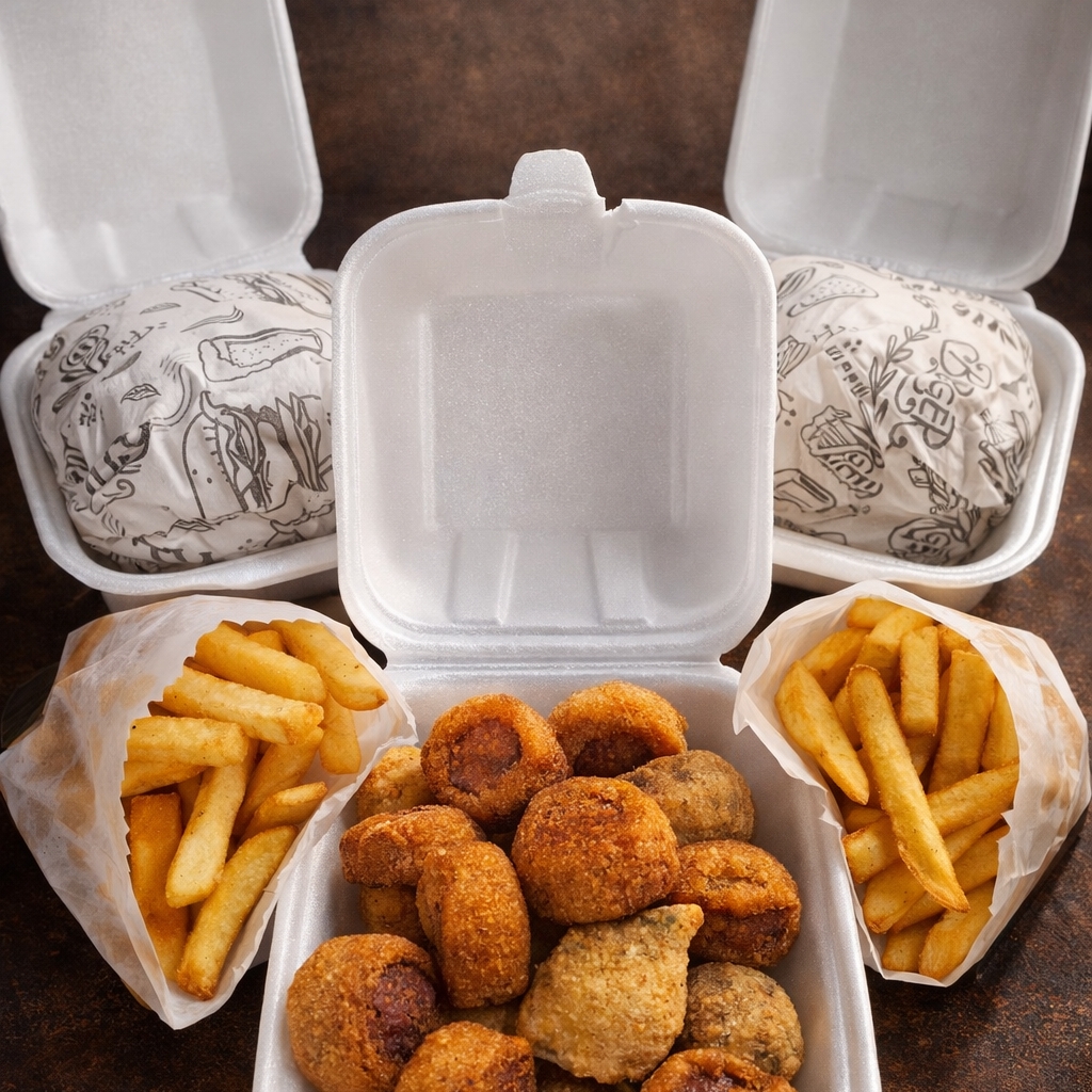 2 X-Tudos (2 sanduíches com tudo, incluindo carne, queijo, presunto, bacon, etc.) Porção de Batatas fritas e 20 Salgadinhos e 1 guarana 1,5