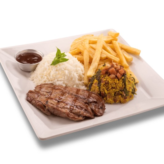 Sabor Defumado! Delicie-se com nossa fraldinha grelhada, envolta em um rub defumado que realça cada pedaço. Acompanha dois acompanhamentos e um molho à sua escolha, proporcionando uma refeição completa e saborosa!