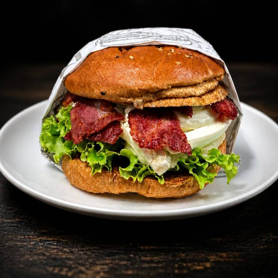 Pão de brioche, hambúrguer artesanal de carne bovina (120gr), bacon, creme cheese, muçarela, ovo, Alface tomate e anéis de cebola empanada. Acompanhado de batata frita e molho bbq.