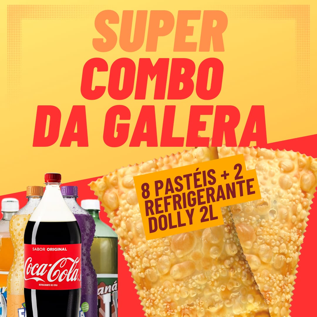 Acompanha 8 pasteis, 2 refrigerantes dolly, 2 batata tamanhos G completas