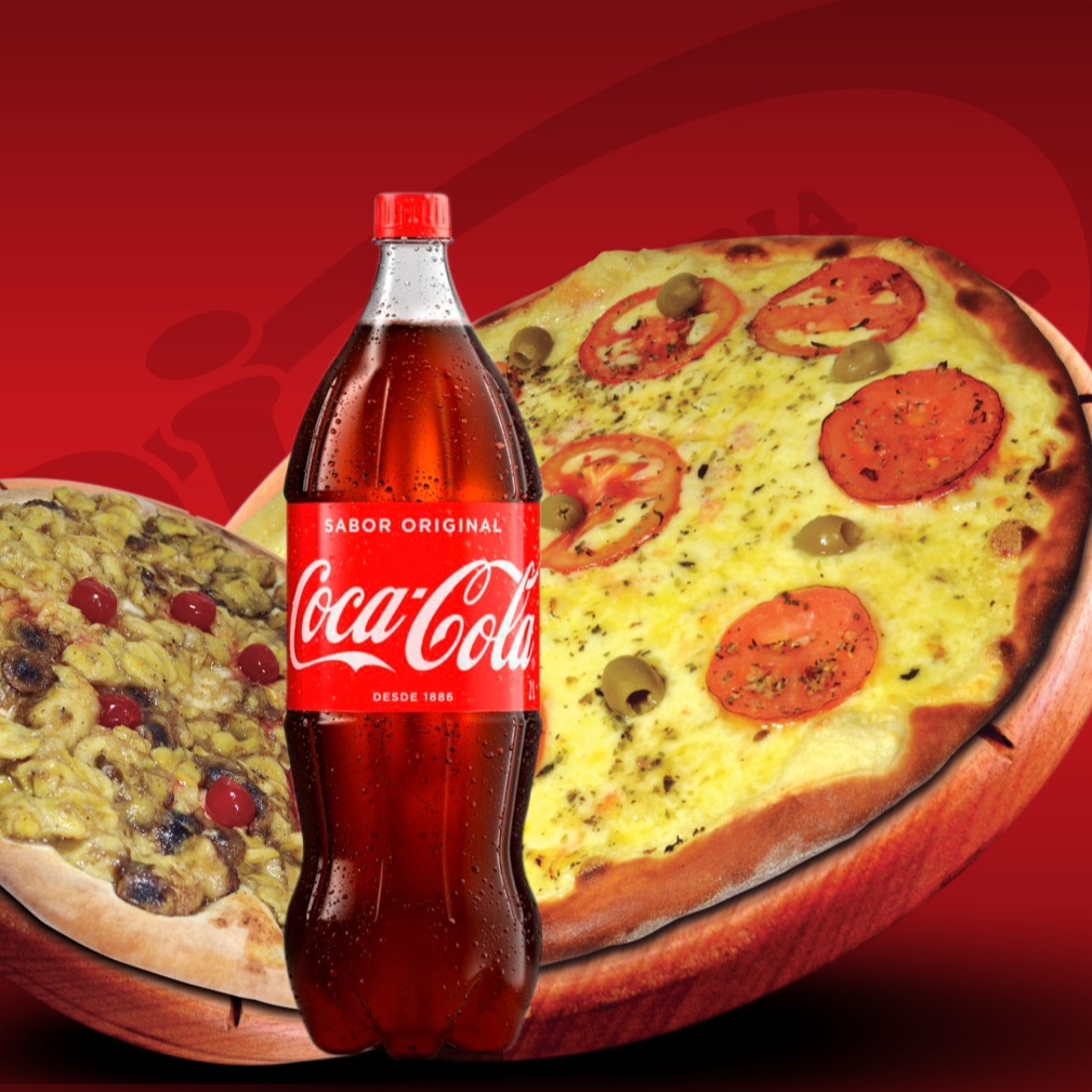 Pizza grande mussarela 8 pedaços, uma pizza broto de banana e 1 Coca Cola 2l