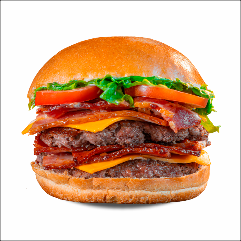 Pão de brioche, maionese Hakuna, salada, bacon, cheddar fatiado e duplo burguer smash 70g.
