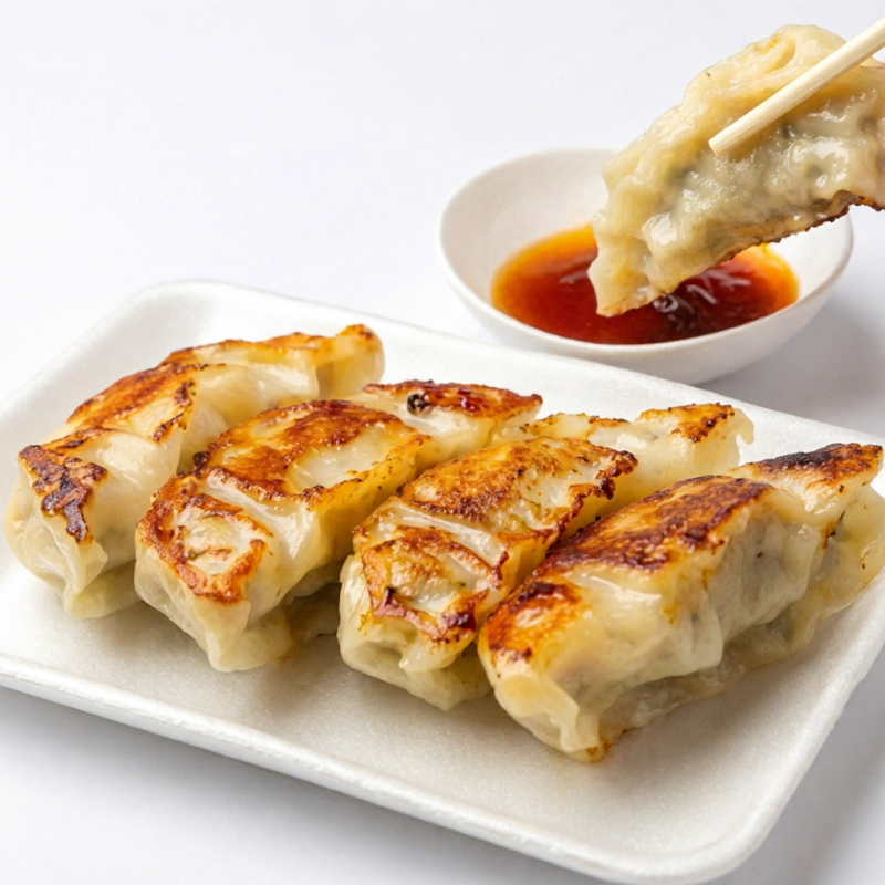 Guioza suína artesanal, recheada com carne suína temperada, uma delícia oriental autêntica.