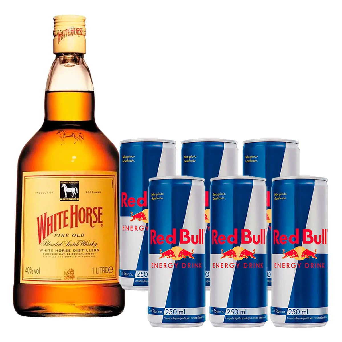 Combo de whisky Cavalo Branco. Acompanha 4 gelo saborizado, 4 RedBull, 4 Copo 700ml.