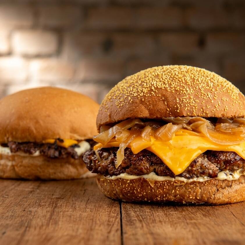 Pão australiano selado na manteiga de bacon recebe hambúrguer Angus , grelhado no fogo com Cheddar, cebola caramelizada e maionese da casa.