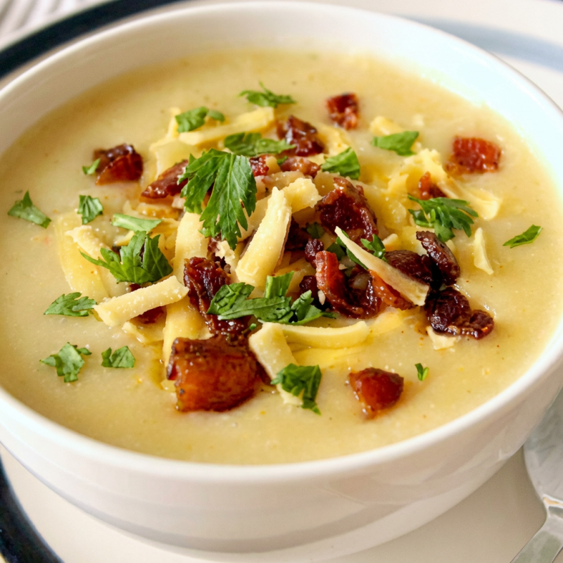 Este prato é uma releitura com base em creme de batata, bacon fritinho em cubos, batata em cubos e para finalizar parmesão ralado