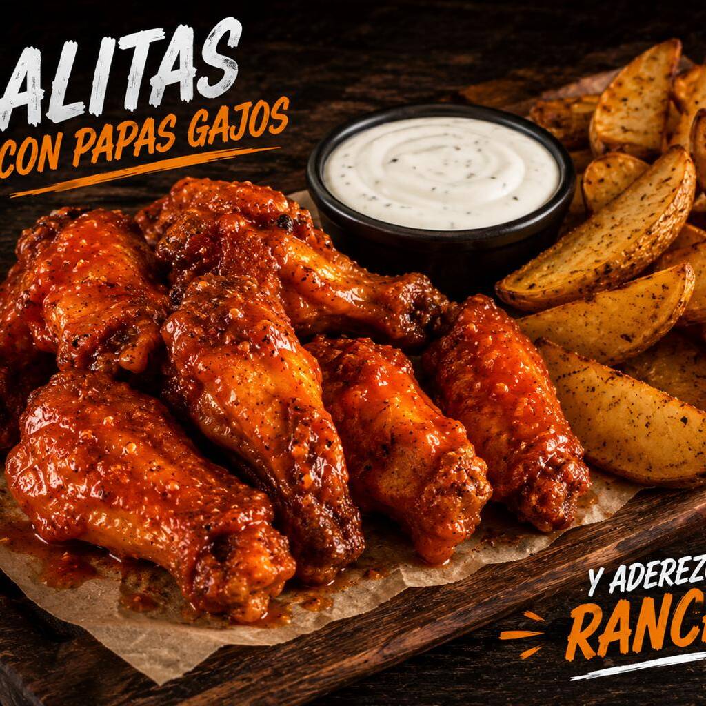 Alitas de Pollo con Papas Gajo y Aderezo Ranch