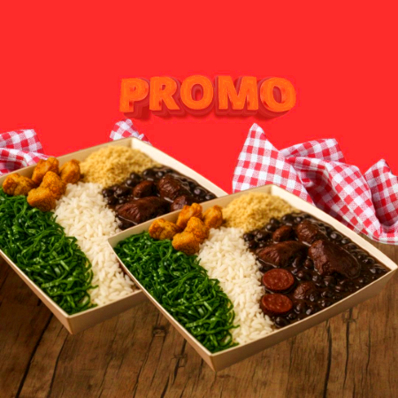 👉 Para os apaixonados por tradição! São duas porções de fmeijoada (500g cada), preparadas co feijão preto encorpado e proteinas selecionadas, tudo no tempero caseiro que conquista qualquer paladar, acompanha arroz, couve, torresmo e farofa. Uma refeição completa e generosa, que alimenta com sabor e qualidade.